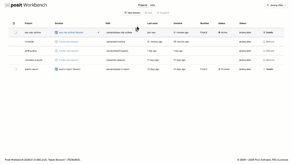 Animated walkthrough of Posit Workbench showing a user creating a new session and selecting an IDE from a dropdown menu.