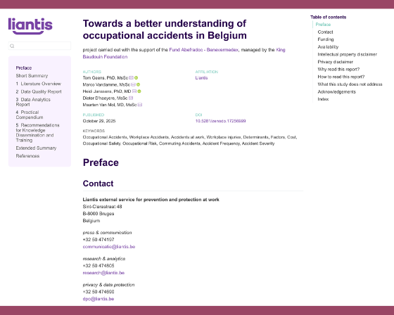 Webpage for a report titled 'Towards a better understanding of occupational accidents in Belgium,' published by Liantis on October 29, 2025.