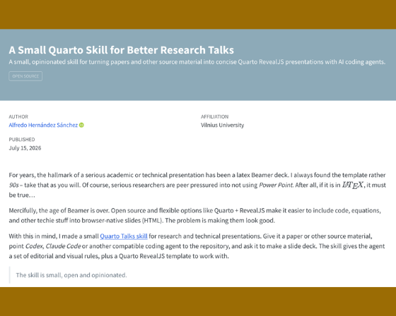 Screenshot of a skill configuration for creating Quarto presentations from papers