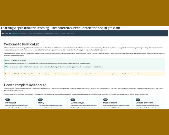 Screenshot of RelationLab Shiny app showing correlation and regression visualizations