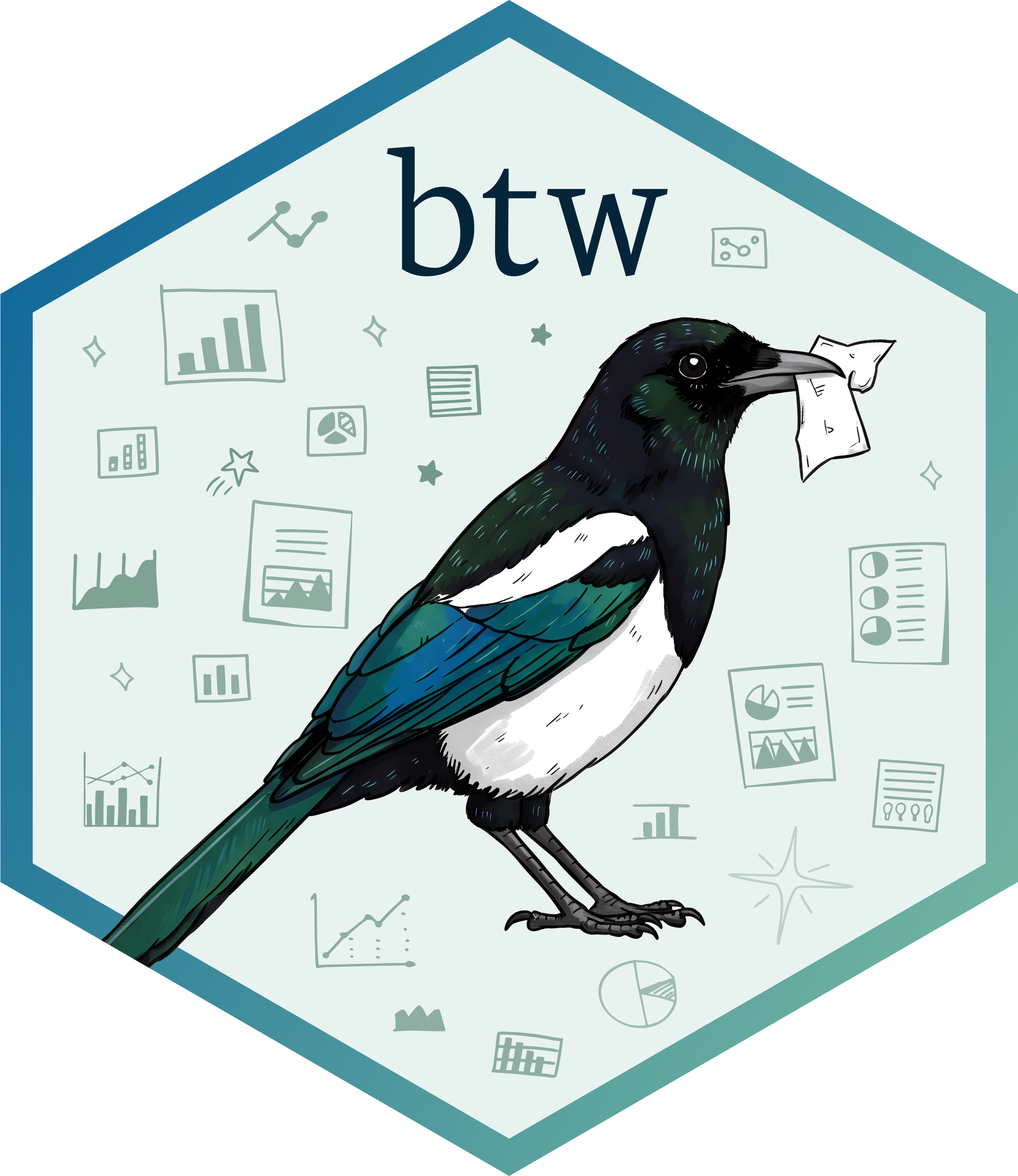 The btw hex sticker; a raven holding a piece of paper in its beak, with small, cartoon images of statistics and charts are in the background;