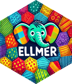 The ellmer hex sticker; a cartoon elephant on a colorful patchwork.