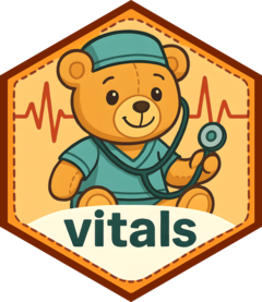 The vitals hex sticker; a teddy bear in scrubs holding a stethoscope.