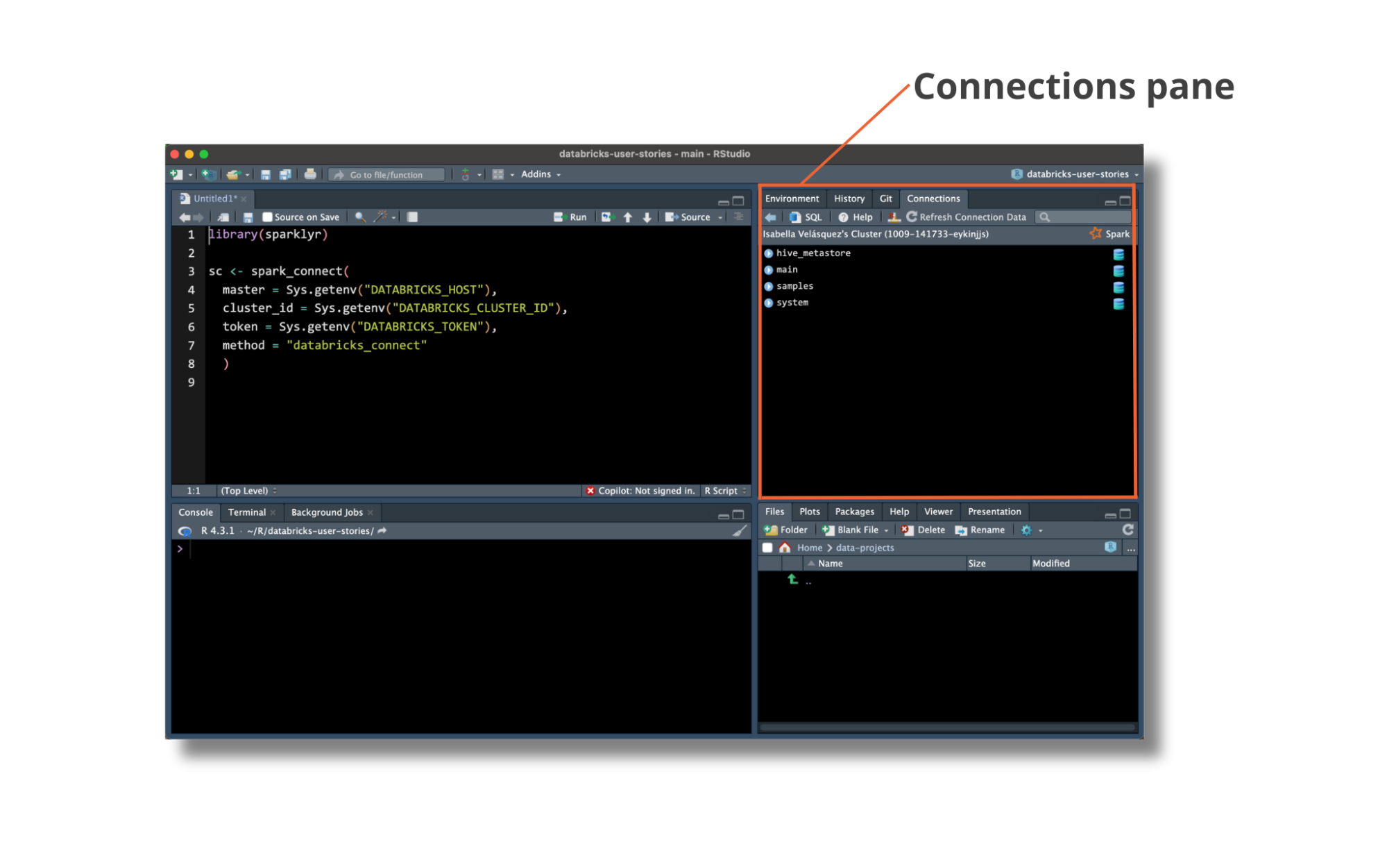 RStudio open with the Connections pane on the top-right side framed in a red outline