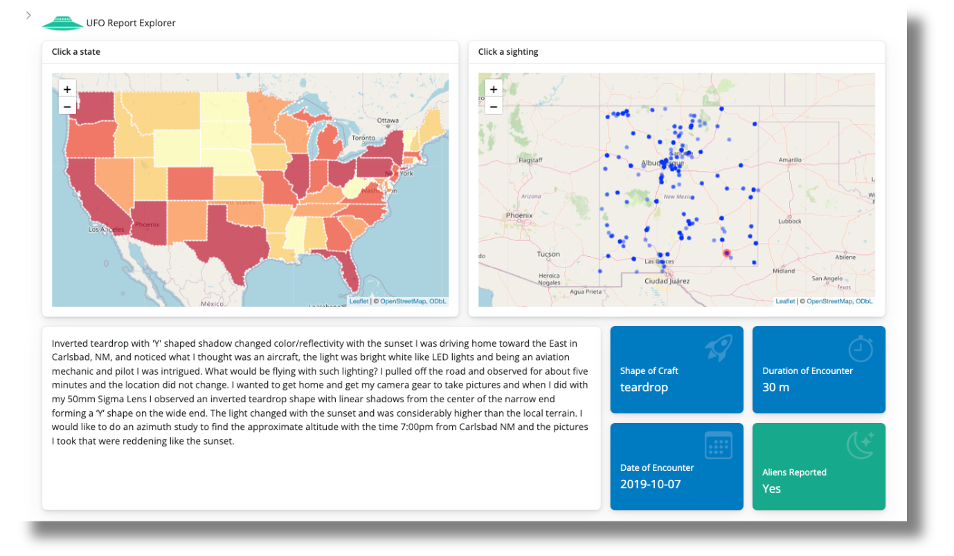 A Shiny app for the UFO Report Explorer, showing a choropleth map, a dotplot on a map, text, and associated data in value boxes.