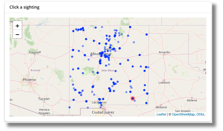 A map focused on New Mexico, with blue dots signifying UFO sightings in the state. The title of the box says 'Click a sighting'.