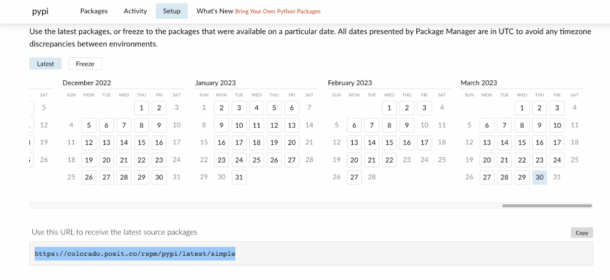 Python package calendar in Posit Package Manager