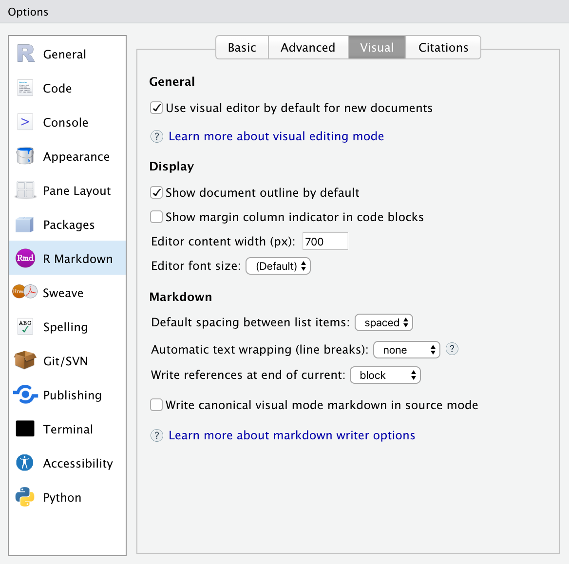 RStudio options in the visual editing mode dialogue box