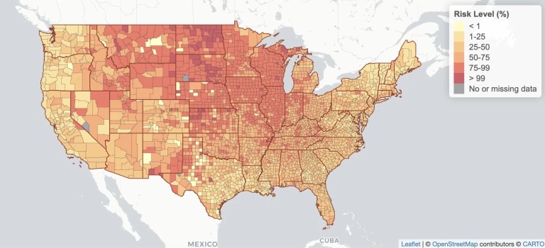 snapshot of COVID-19 Event Risk Assessment Planning Tool shiny application, map of US with risk level percentage per county shown in range of yellow to red
