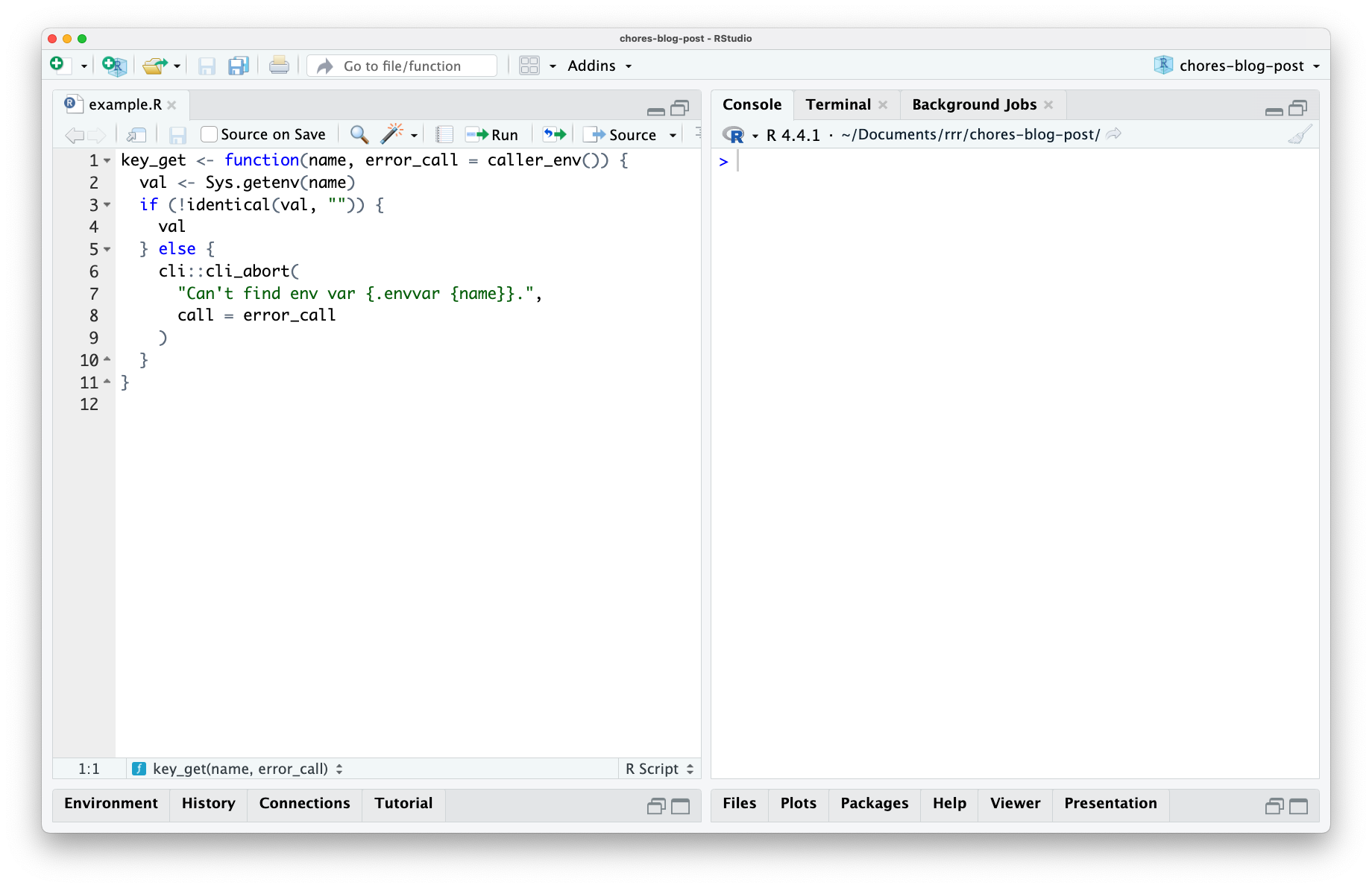 A screenshot of the RStudio integrated development environment. The left panel displays the 'example.R' script with R code defining a function called 'key_get'. The right panel shows the Console, displaying the R version and the current working directory.