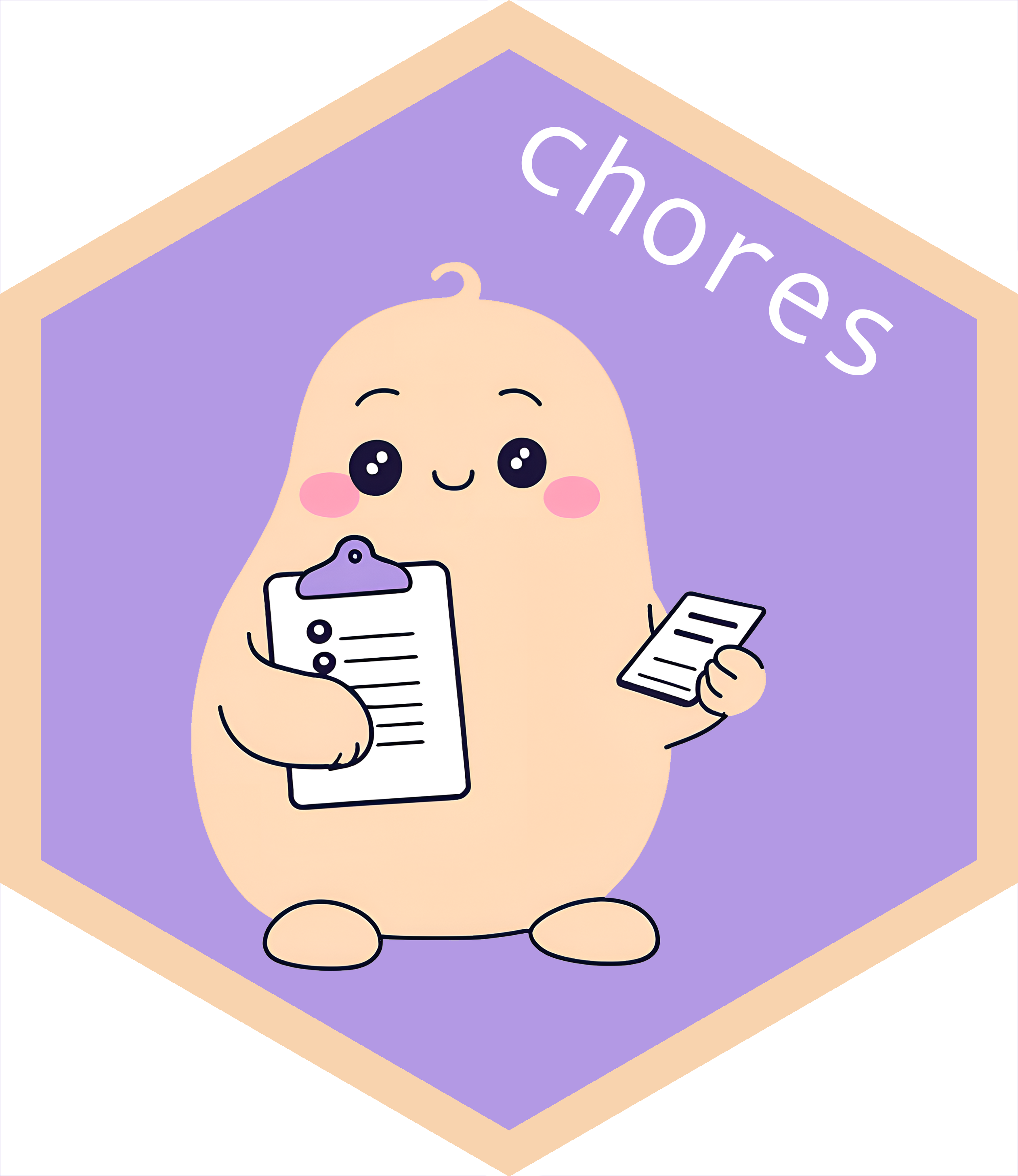 The hex sticker for the chores package: A cartoon illustration of a light orange potato character with rosy cheeks, holding a clipboard with a checklist in one hand and several small cards in the other. The potato is set against a purple hexagon outlined in a lighter orange. The word 'chores' is written diagonally in white in the upper right of the purple hexagon.