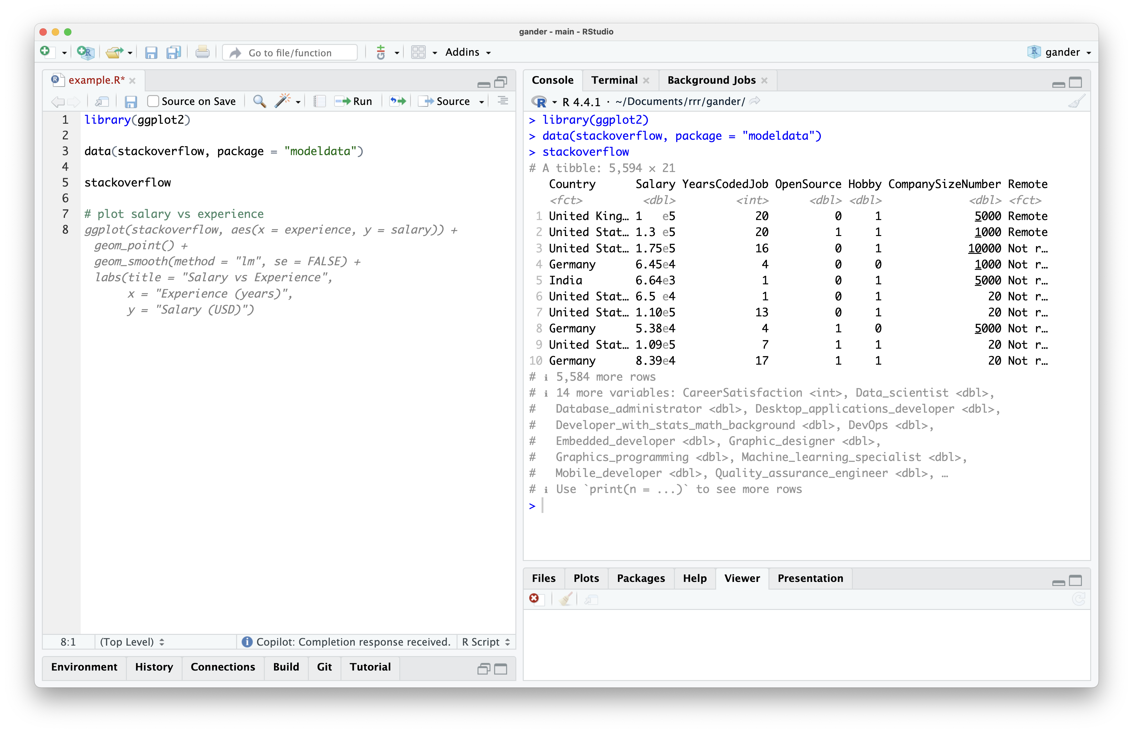 The same screenshot as above, though a new line with comment reading "plot salary vs experience" has been added. Below the comment, ghost-text displays ggplot2 code using the stackoverflow data. Notably, the code refers to variables 'salary' and 'experience' that don't exist in the data.