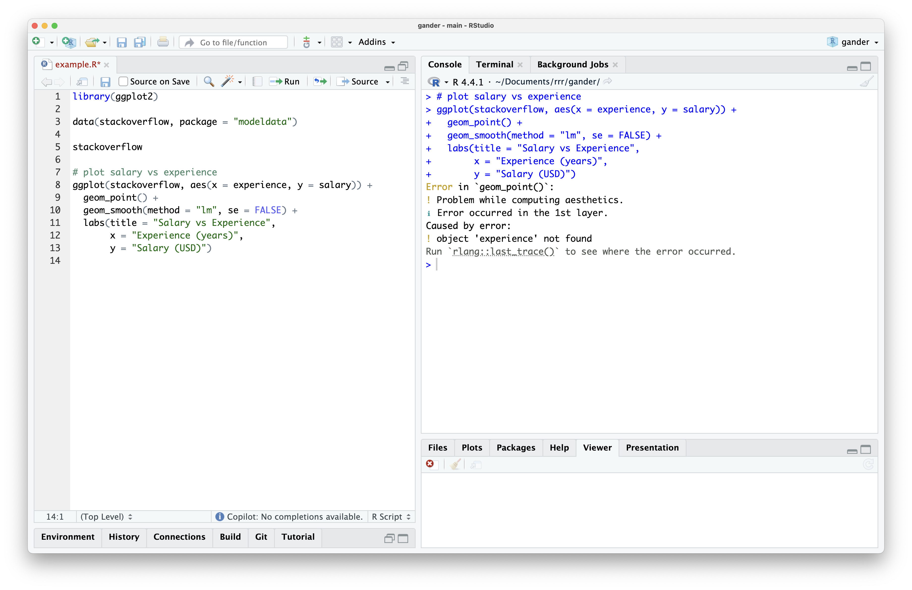 The same screenshot as above, but the completion has been accepted and the code attempted to run. An error reads "object 'experience' not found."