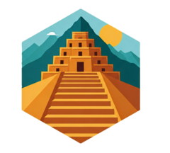 A hex sticker containing a cartoonish depiction of Kuzco's palace.