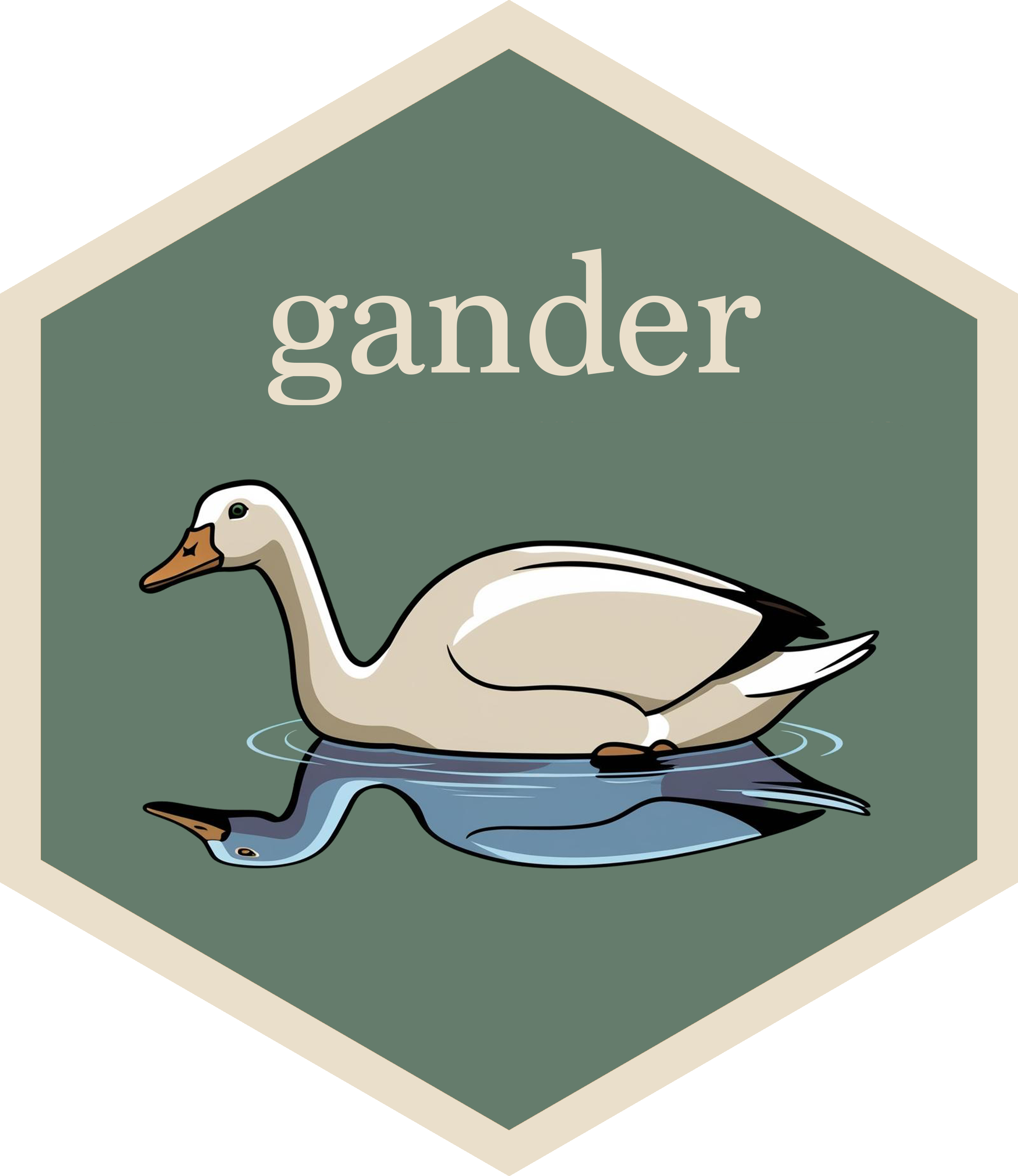 The hex sticker for the gander package: a cartoonish goose swims on a green background with a blue 'reflection' below it.