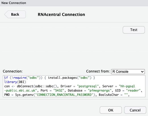 RNAcentral connection pane with associated code for connecting