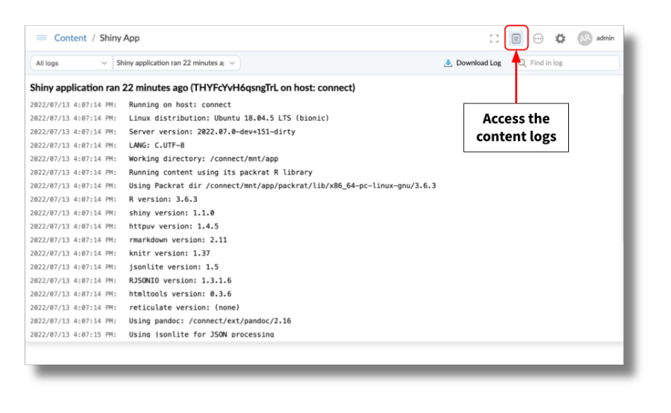 Connect Shiny application logs with an arrow pointing to an icon with a note 'Access the content logs'