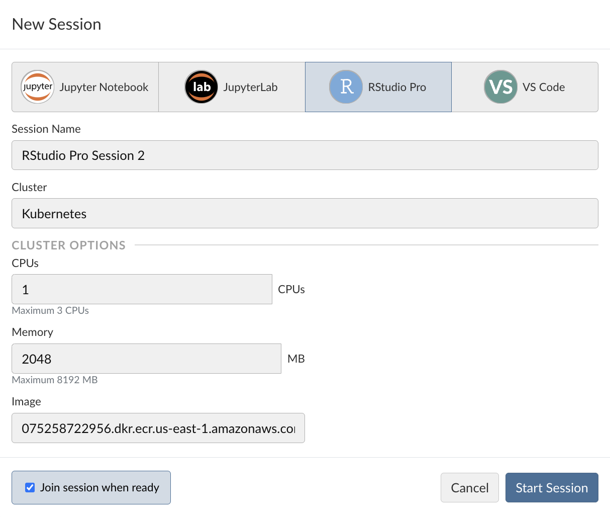 Posit Workbench window that selects the IDE