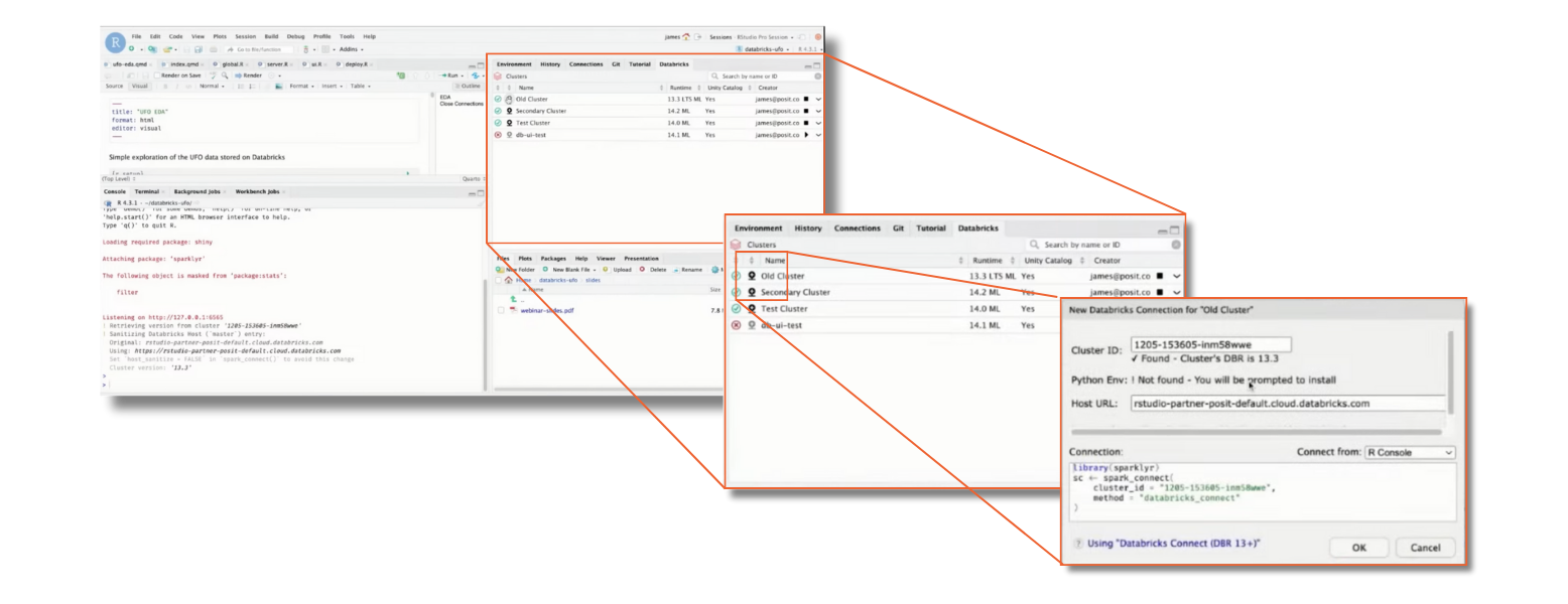The Databricks pane in RStudio highlighted in the top right. Then a zoom in on the Databricks pane. Then a zoom in on a cluster, which opens a dialogue box with tehe cluster ID, python environment, host URL, and the snippet for connecting.