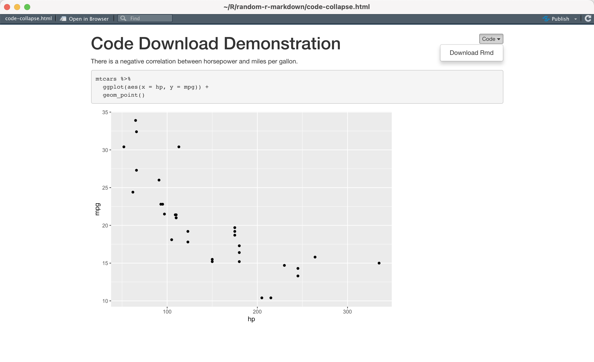 R Markdown document with option to download source code by clicking a button that says Download Rmd