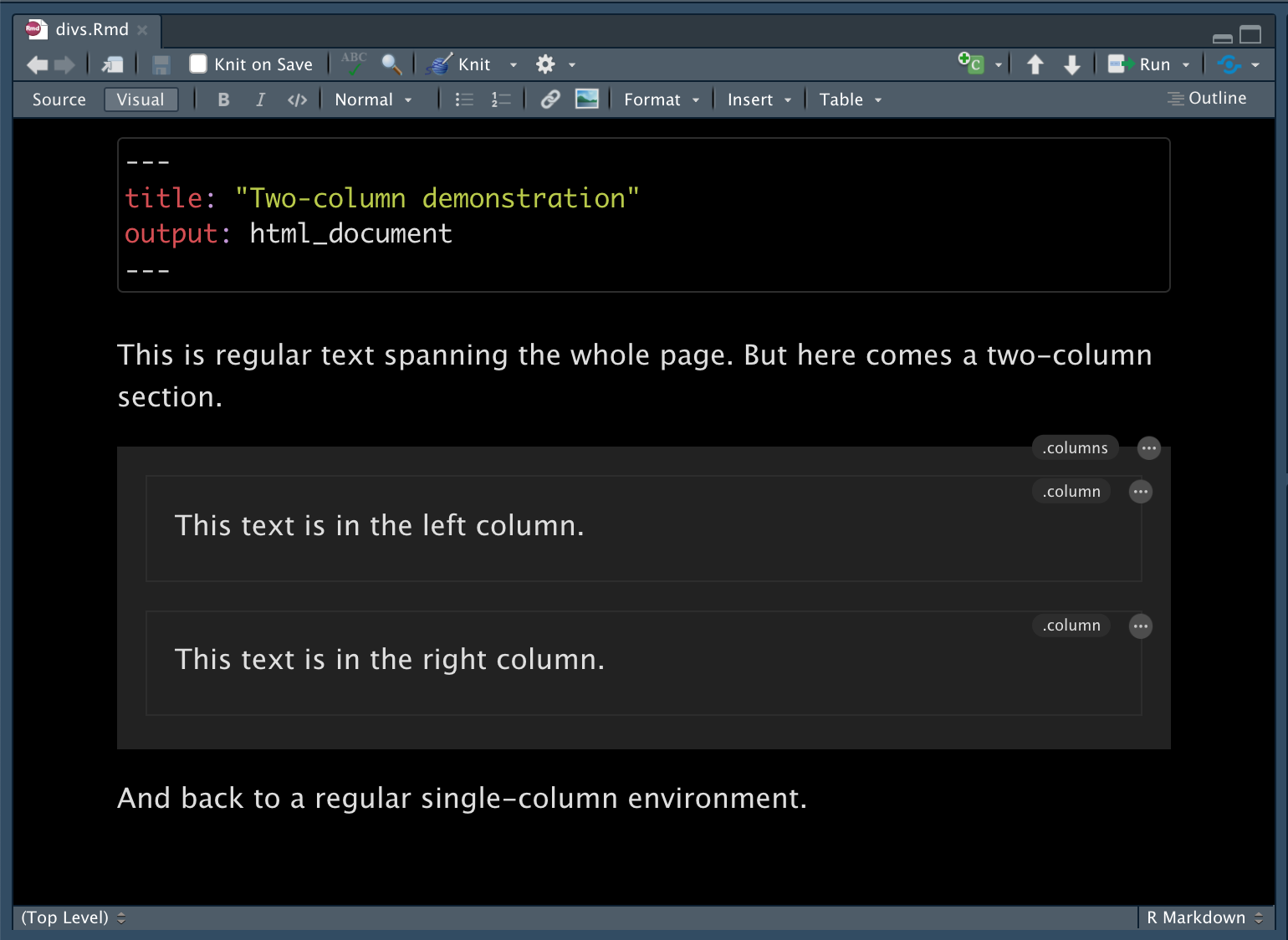 .Rmd file open in the RStudio IDE's visual editor with pandoc code creating two columns of text. An edit button is displayed on the top right.