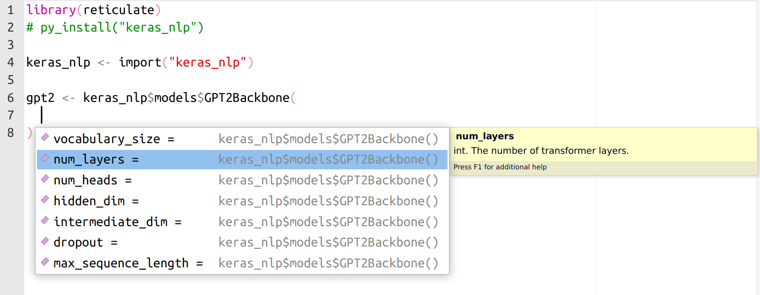 Code showing the reticulate package's functions, with the function signature showing in RStudio.
