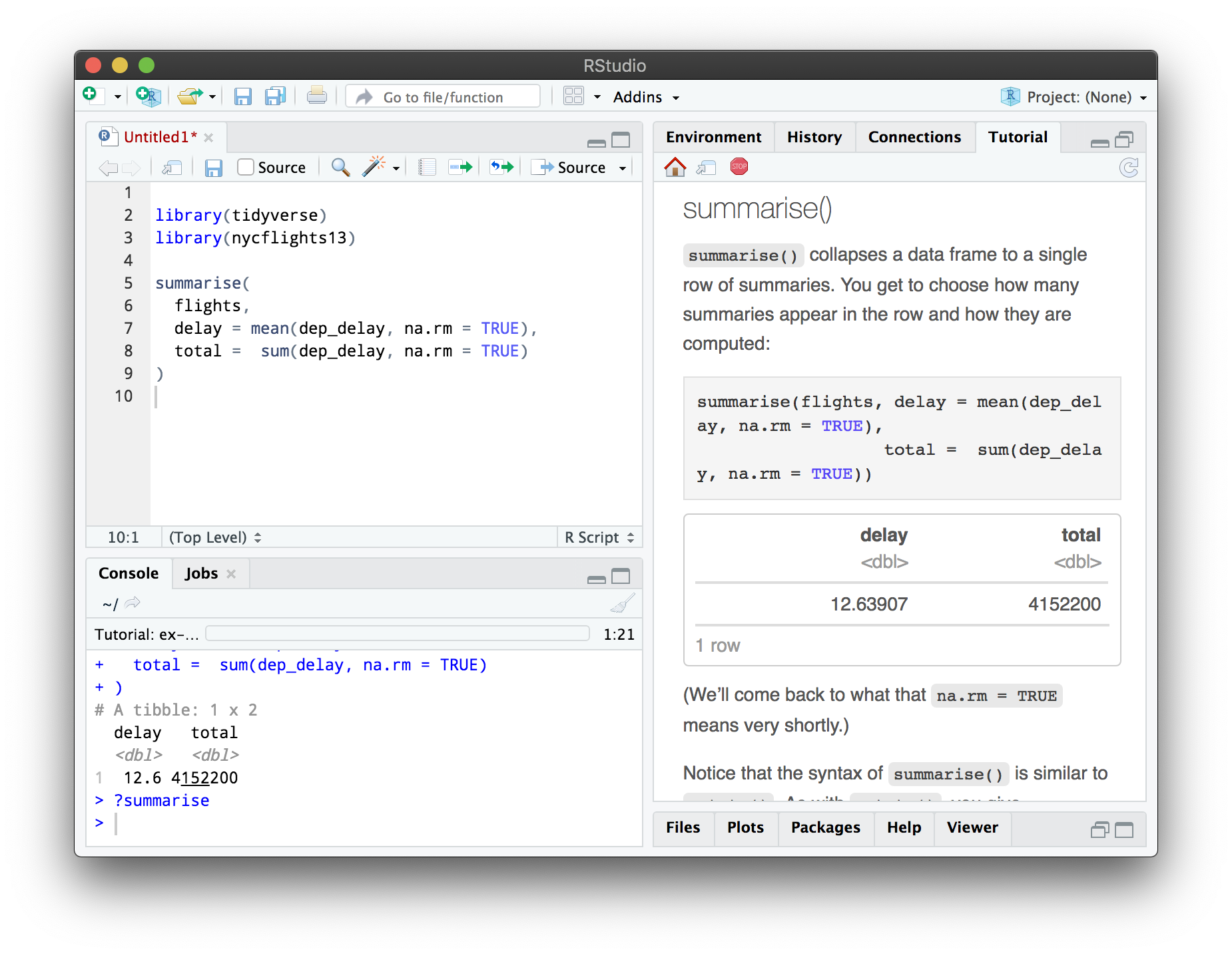 The RStudio IDE, with a tutorial running in the Tutorial pane.