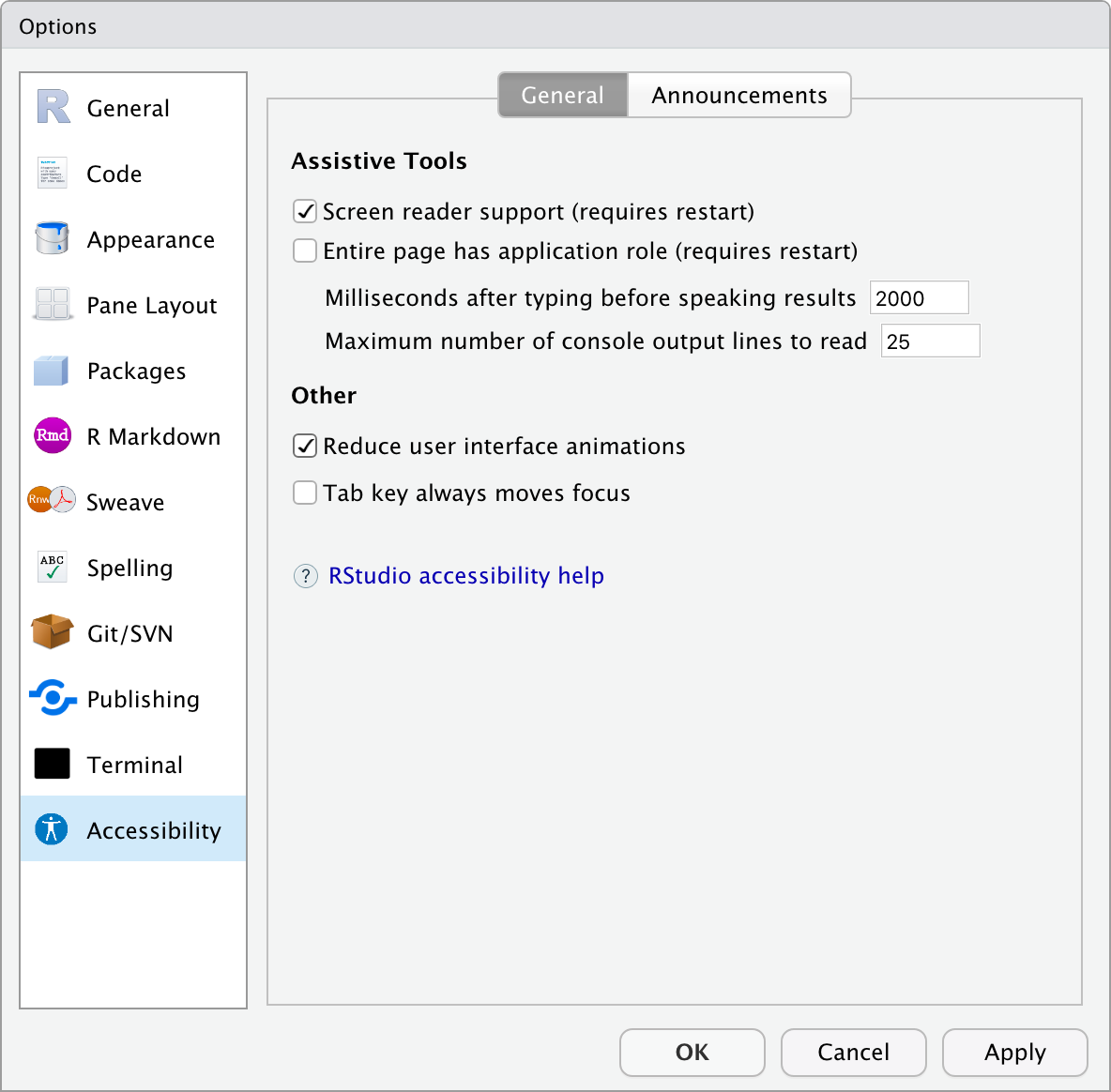 Screenshot of RStudio Accessibility Options Dialog