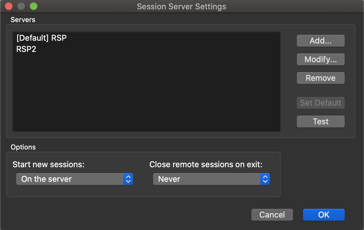 The Session Server Settings Dialog