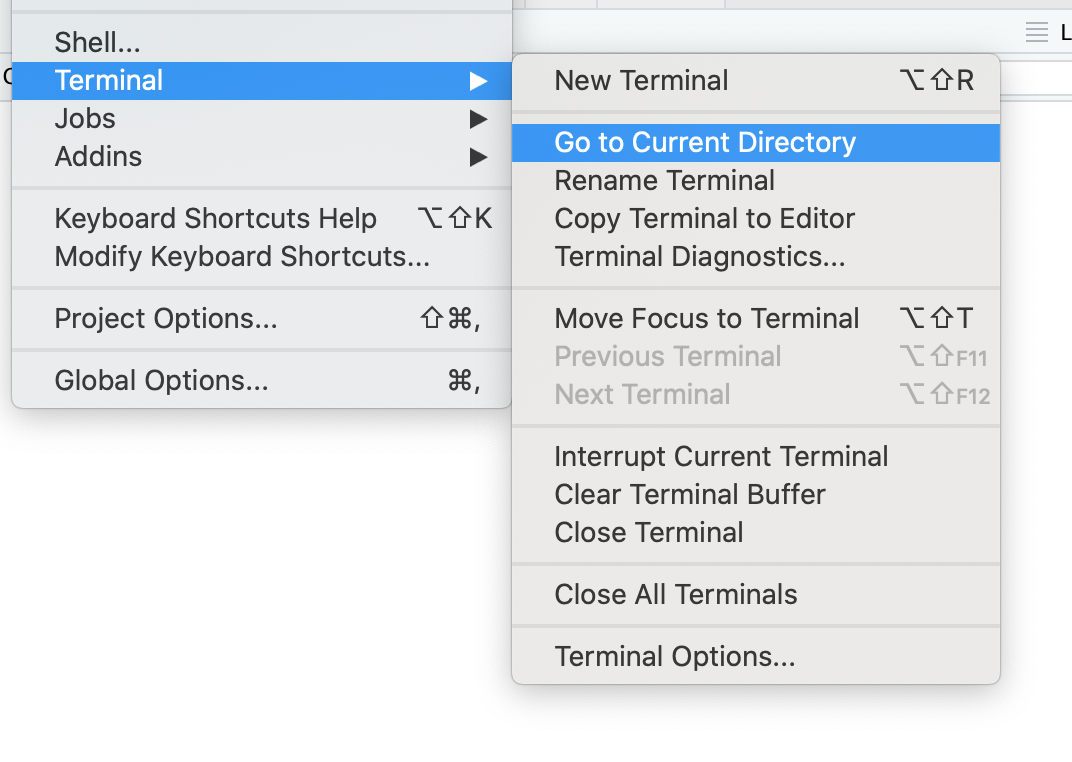 Menu showing new commands for working with directories in the Terminal