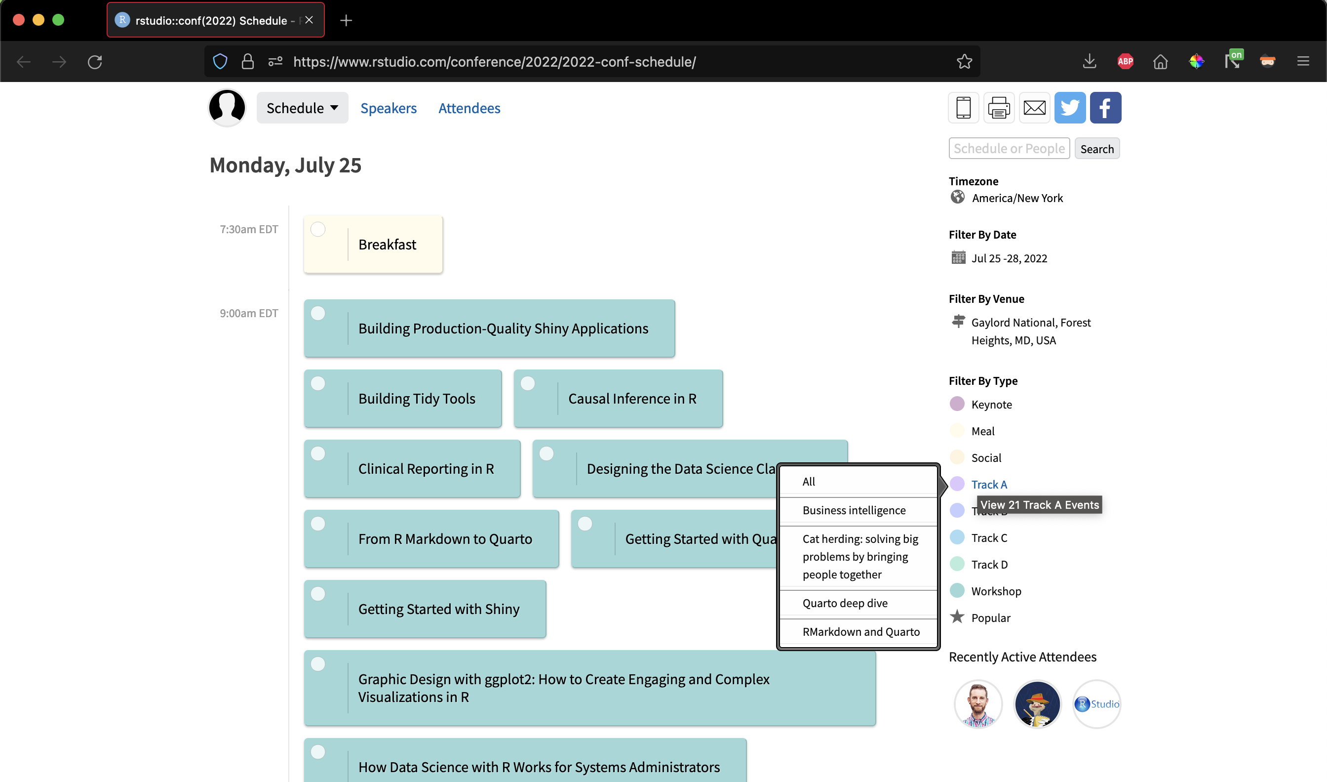 Screenshot of conference schedule with list of talks on the left-hand side and filters by type on the left-hand side. Hovering over Track A shows the different events under that event.