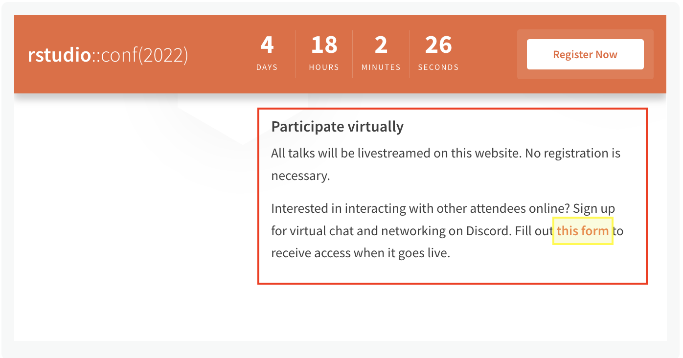 rstudio conf webpage's participate virtually section in a red rectangle and the form sign up link highlighted in yellow