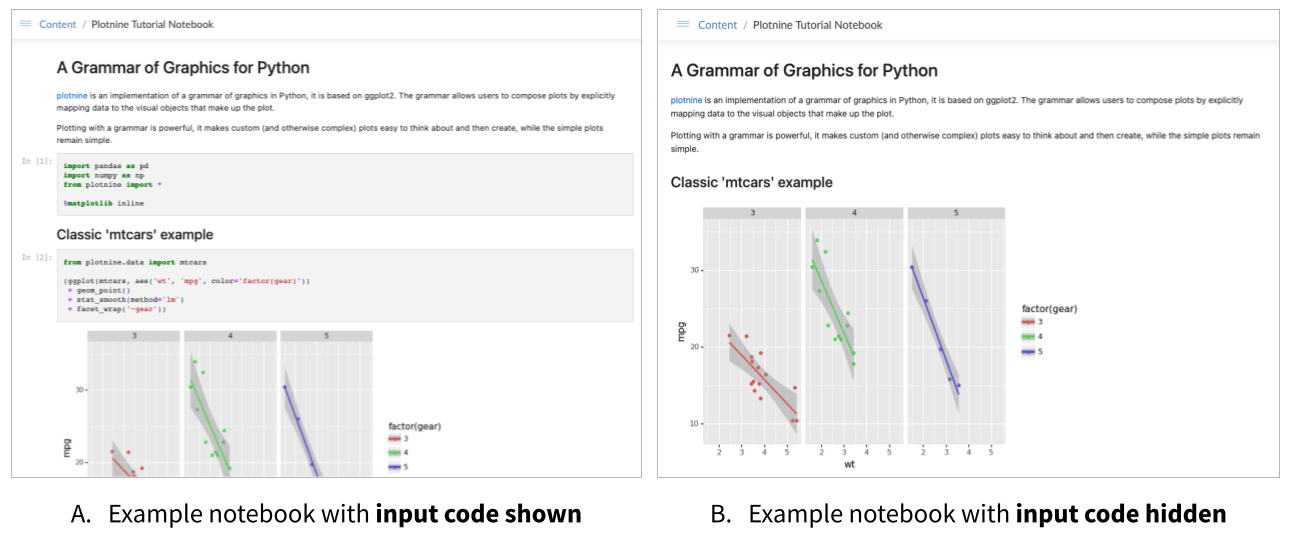 Comparison of an example notebook with code cells shown and hidden