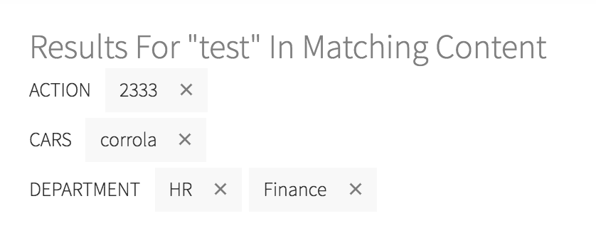Example showing
breadcrumbs of tag filters in Content listing view along with a search