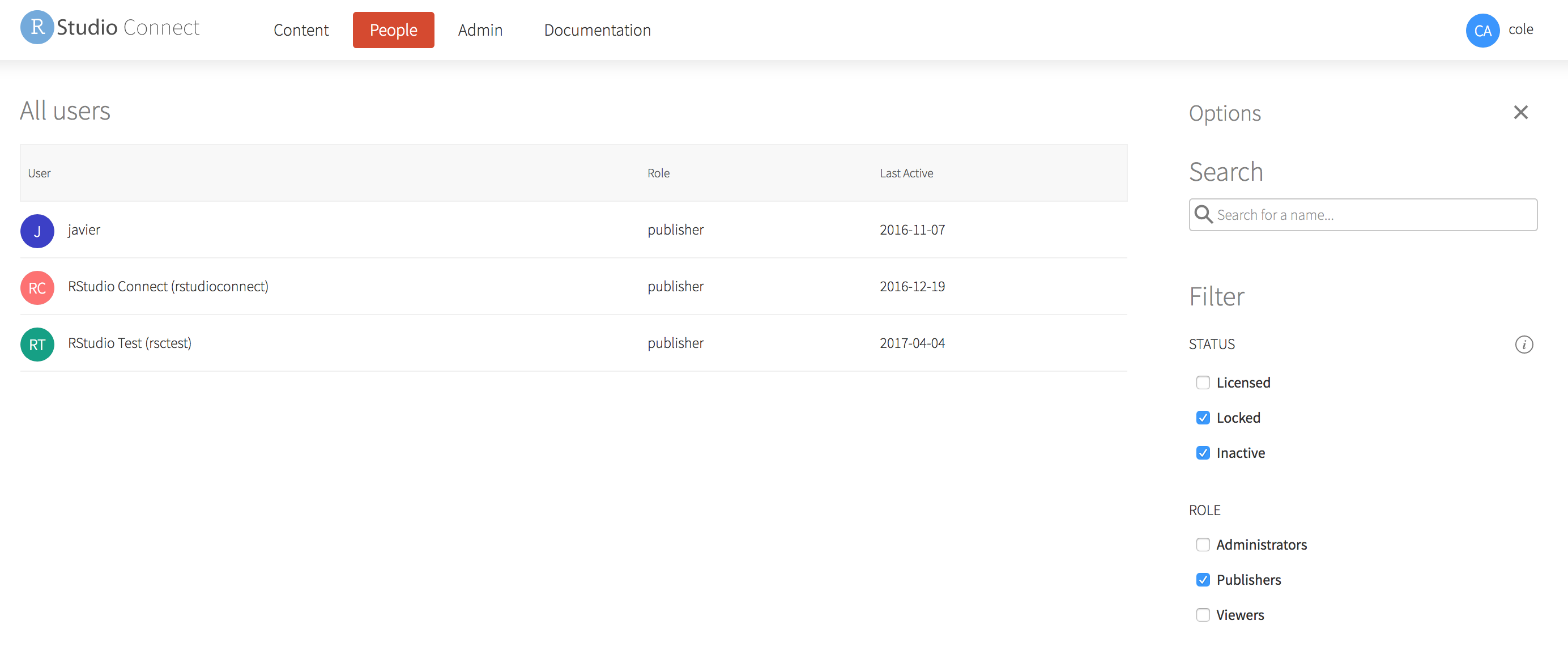 Example of the user page
showing multiple selection and last active date