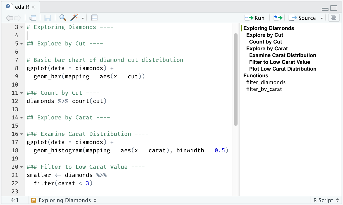 Screenshot of the Document Outline showing nested R Script sections