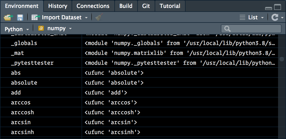 The environment pane, currently viewing the contents of the numpy module.