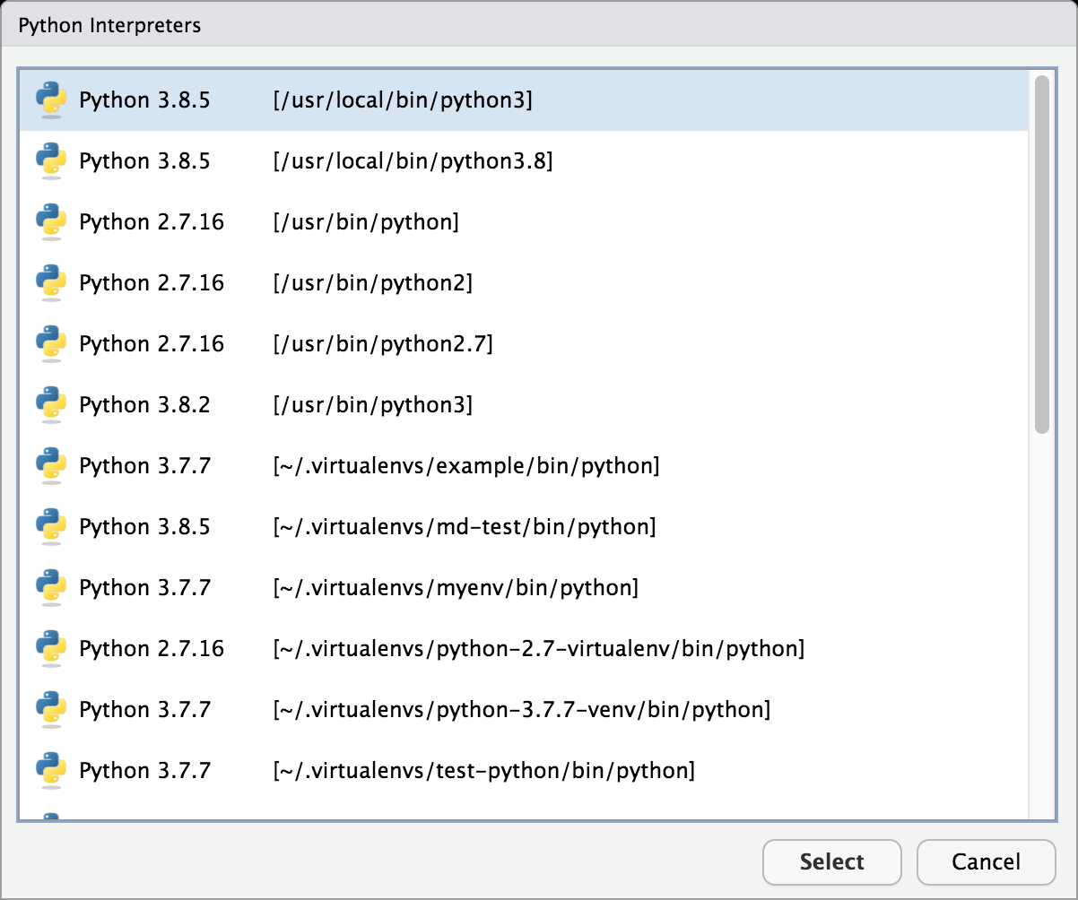 The list of Python interpreters available on the system.