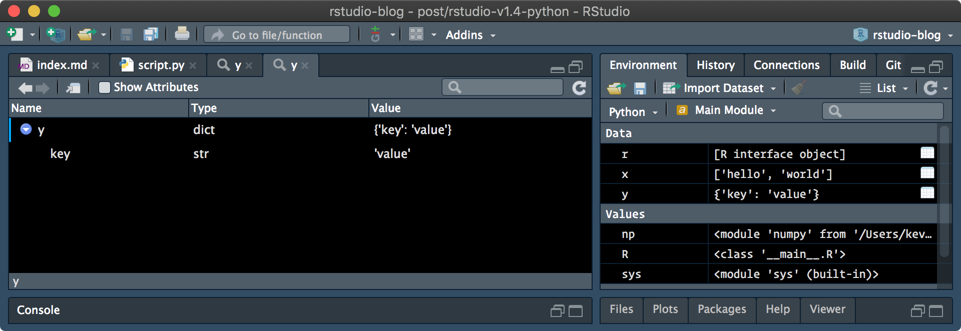 The object explorer, used to view a simple Python dictionary.
