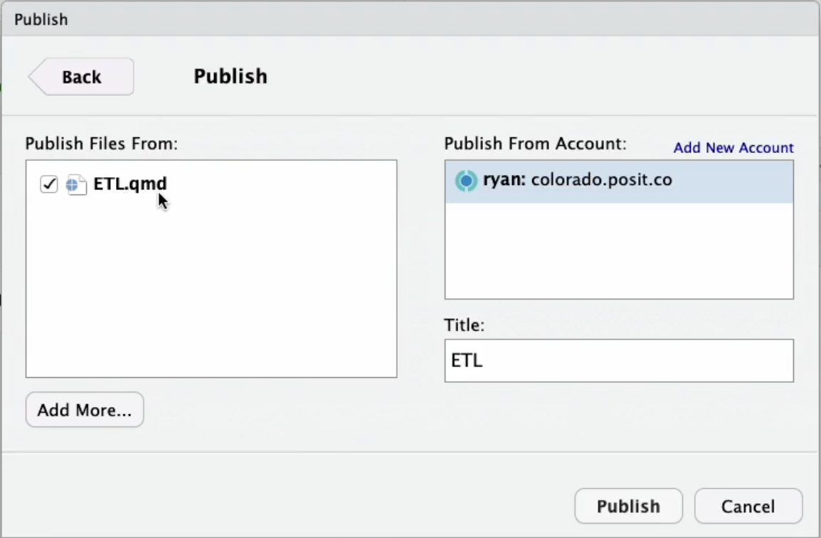 Publishing ETL.qmd from the Publish window in RStudio, publishing the document to a Posit Connect account.