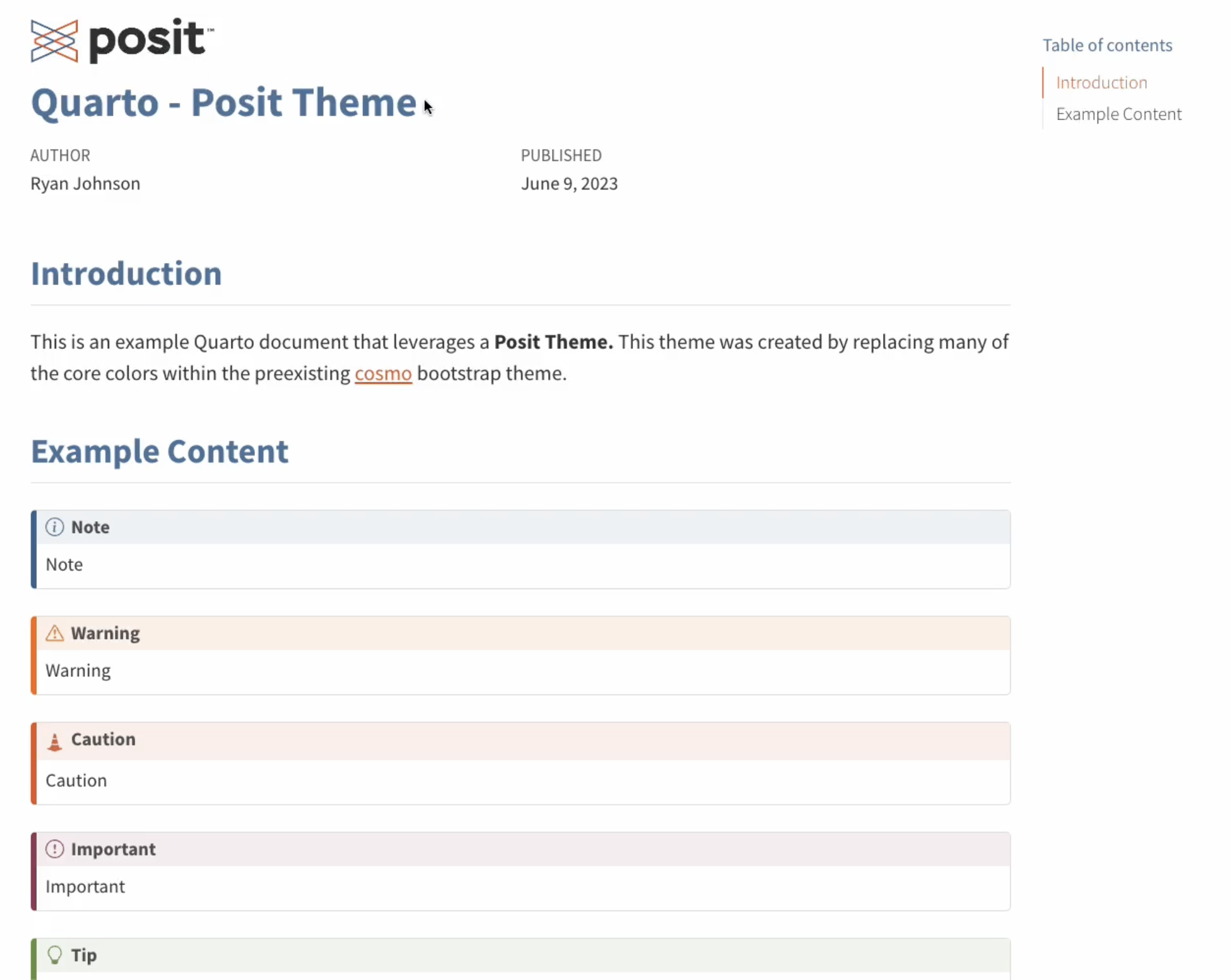 Quarto - Posit Theme document with an Introduction and Example Content.