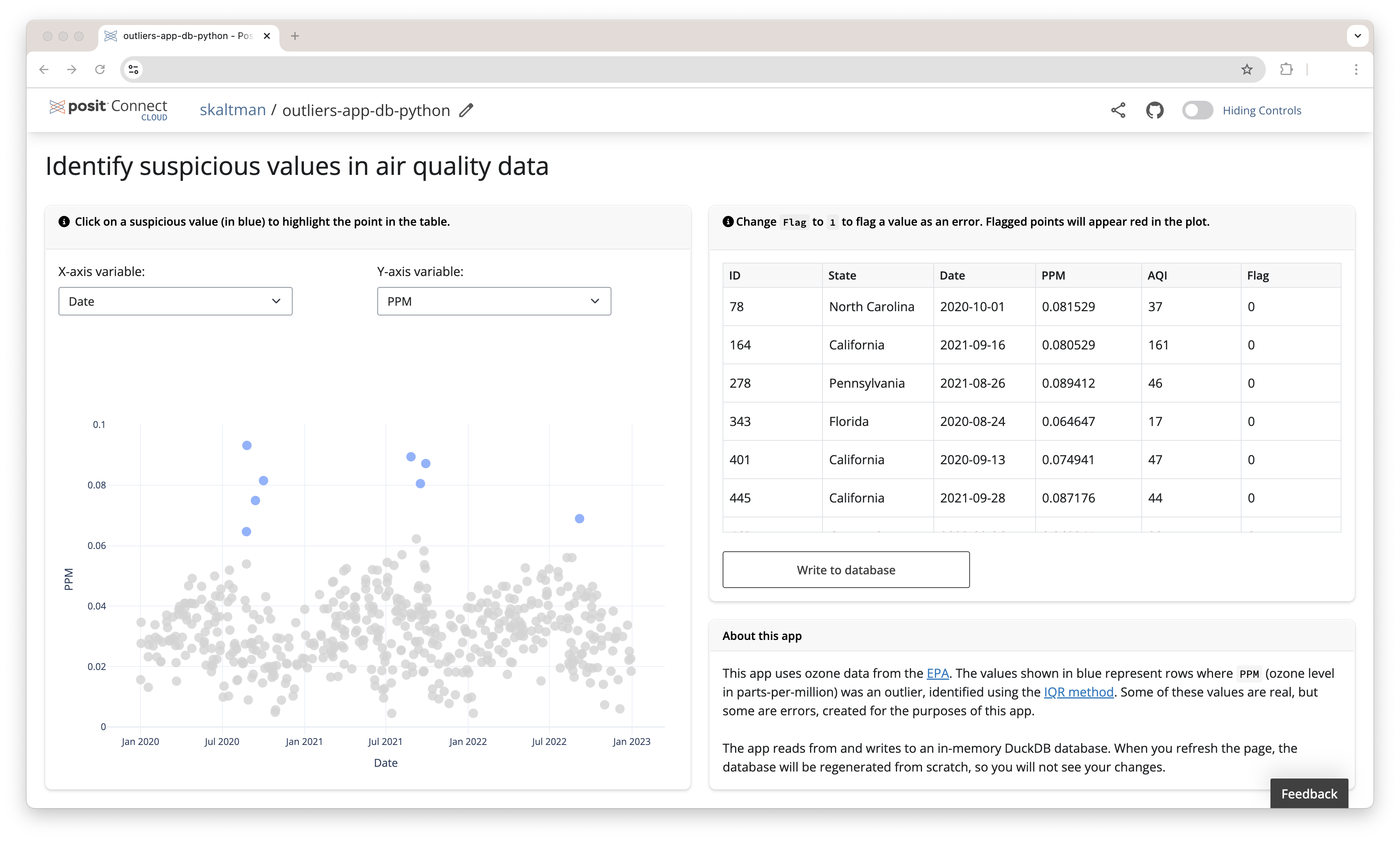 A Shiny app with a scatterplot and table.