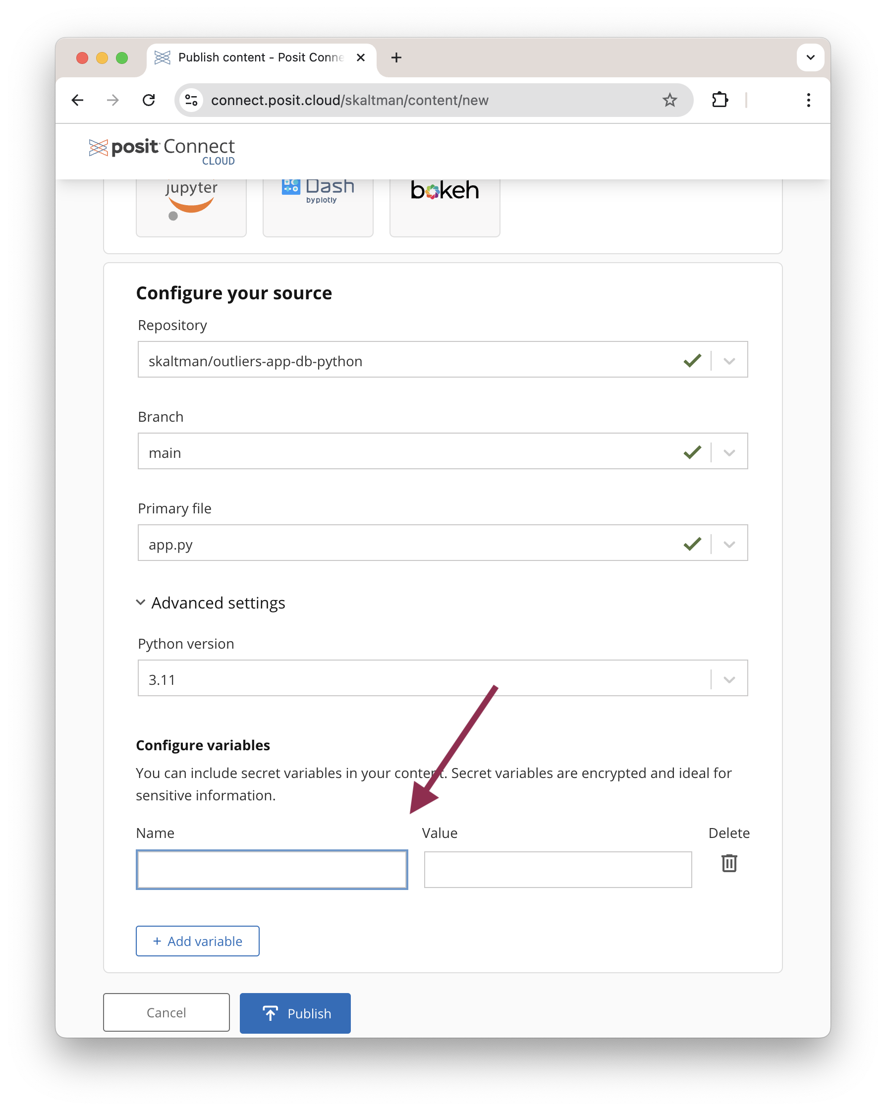The deployment options page for Connect Cloud.