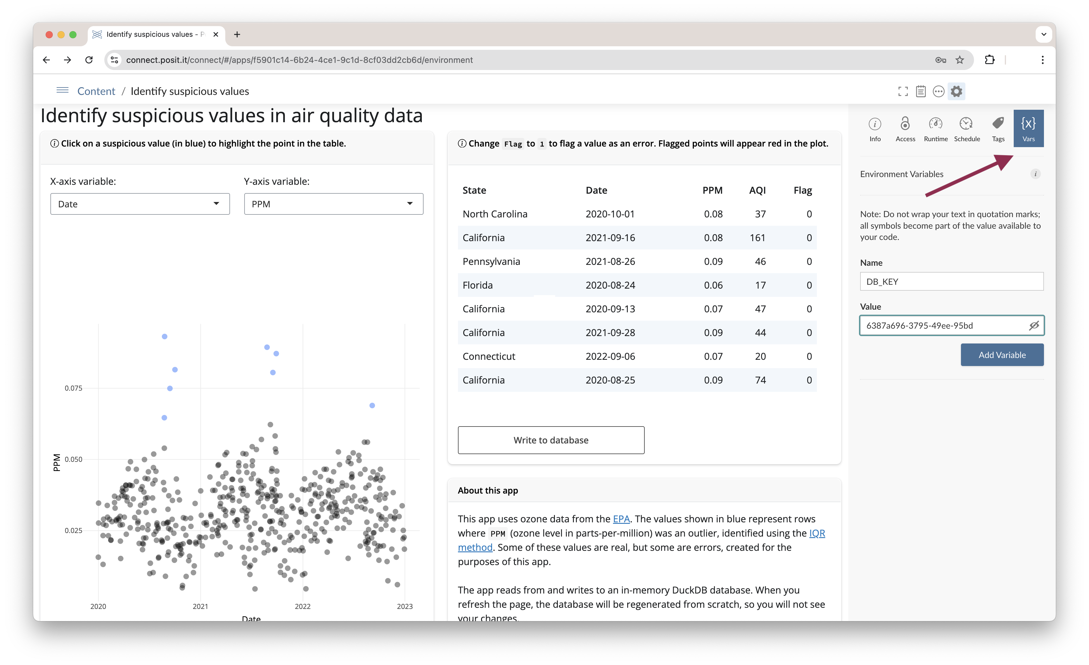 A Shiny app deployed to Posit Connect, with the Vars pane expanded on the right.