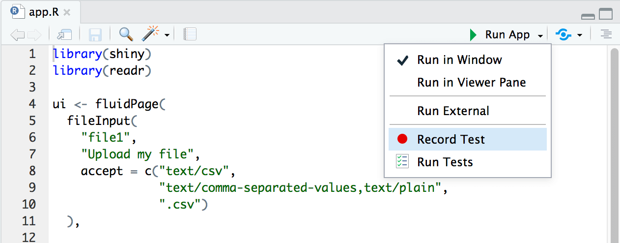 RStudio new shinytest menu