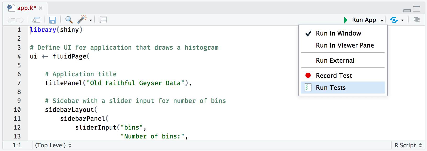 RStudio new shinytest menu