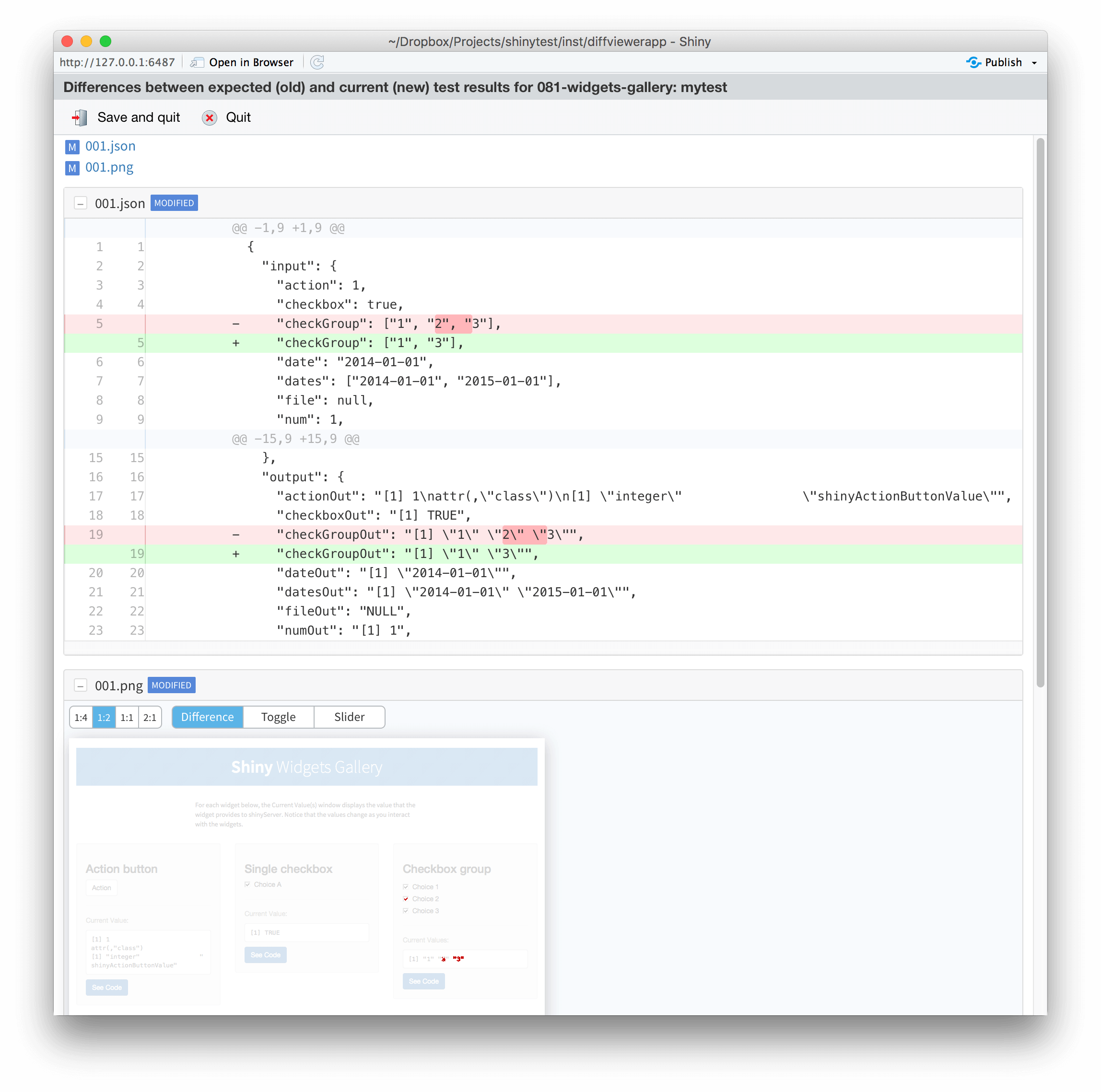 RStudio shinytest compare results