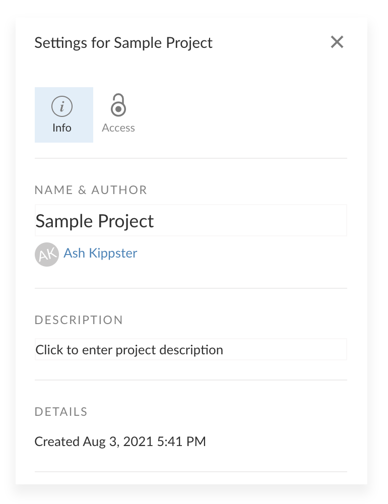 Settings of a sample project with info and access options