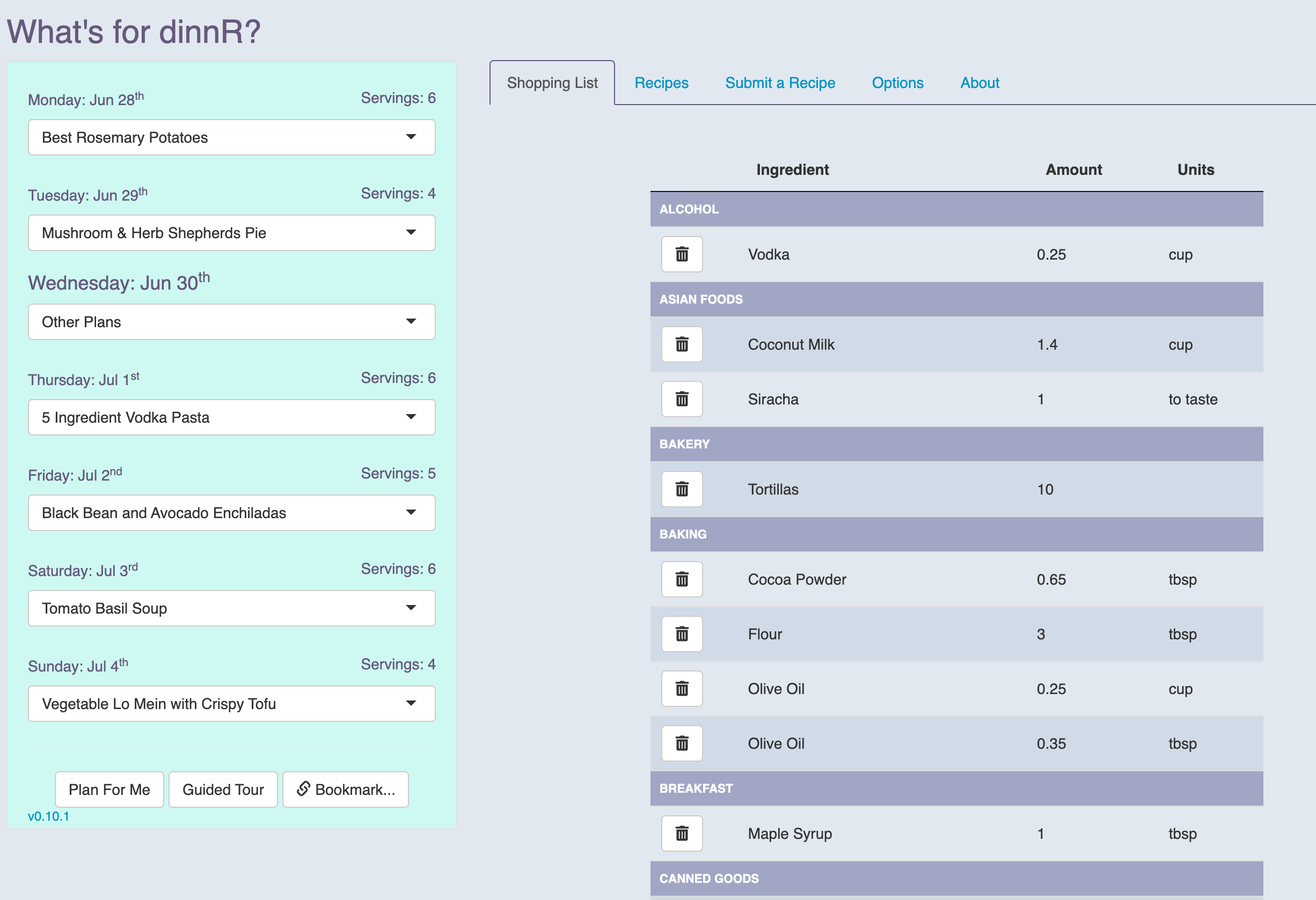 Screenshot of the dinnR app showing meal and grocery store shopping list planning for a week of dinners.