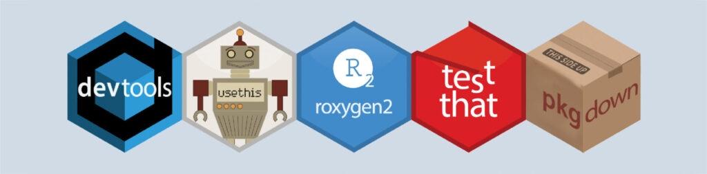 R Infrastructure Tools (R-LIB) hex logos on blue background